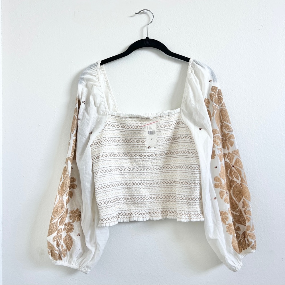 Anthropologie White Peasant Blouse with Tan Embroidered Sleeves - Picture 6 of 11